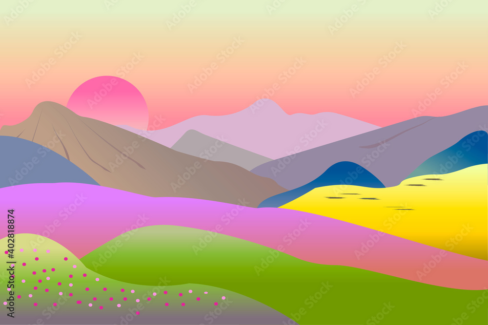 Mountain landscape, sunrise, abstract flat design