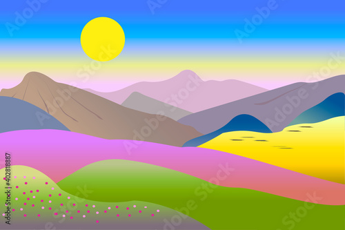 Mountain landscape  sunrise  abstract flat design.