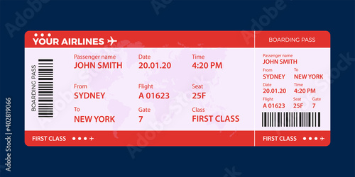 Modern airline ticket design with flight time and passenger name. vector illustration.