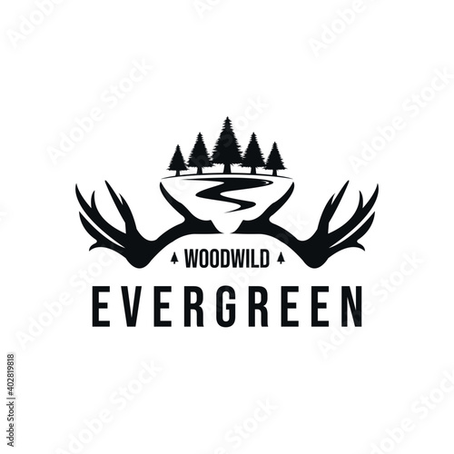 evergreen and antlers logo design, vintage style
