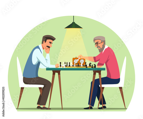 Men playing chess on board with clock. Serious people sitting at table with game and thinking. Leisure time or competition indoor vector illustration. Intelligent entertainment