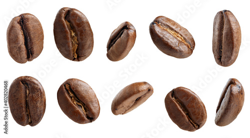 coffee beans unfolded in different sides macro photo isolate white background