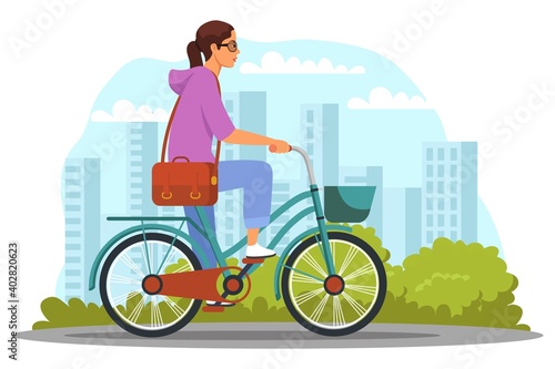 Girl on commute to work by bike. Daily routine of young woman schedule vector illustration. Female cycling on street with trees, sky with sun and clouds in background. Healthy lifestyle