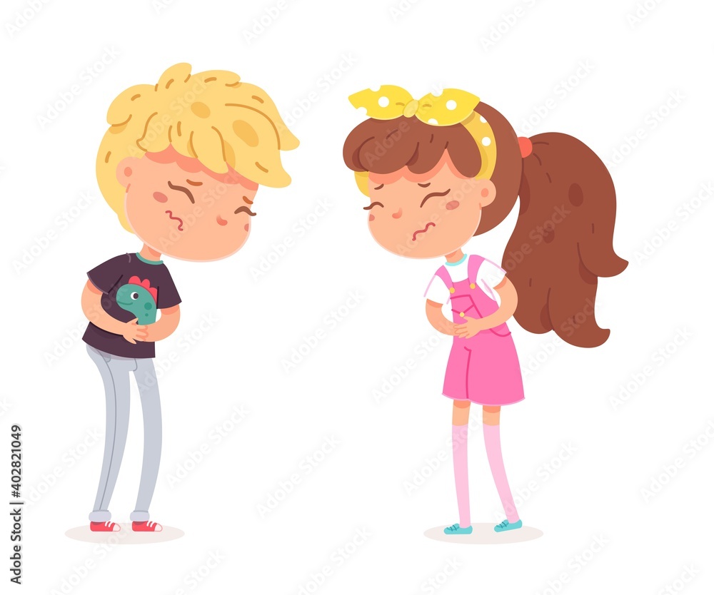 Girl and boy standing with pain in stomachs. Frustrated children with hurt face expressions. Negative emotion and distress vector illustration. Cute little kids in pain on white background Girl and boy standing with pain in stomachs. Frustrated children with hurt face expressions. Negative emotion and distress vector illustration. Cute little kids in pain on white background