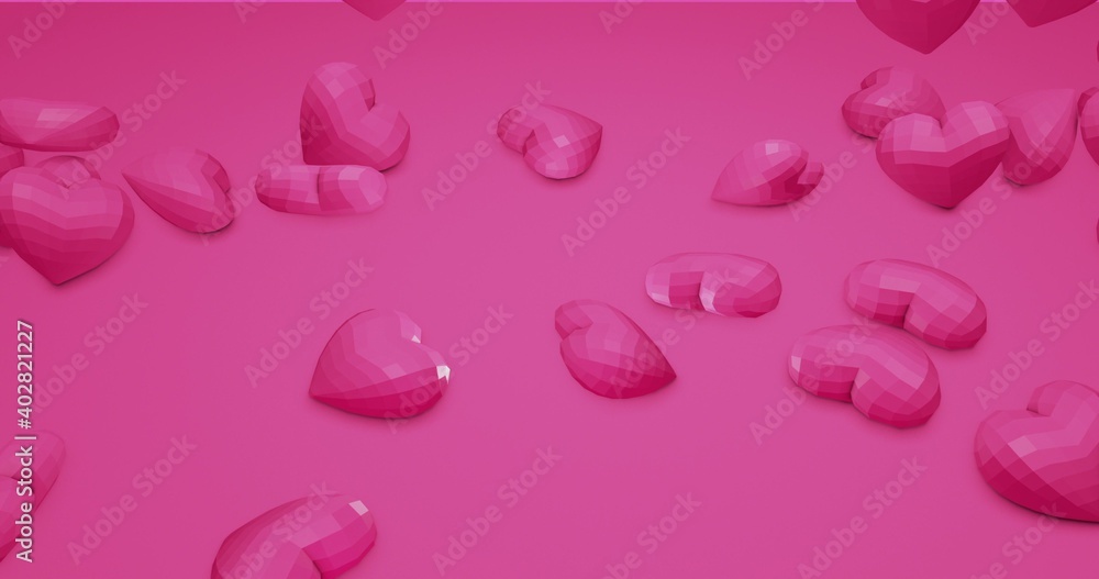 Pink cute falling polygonal hearts. Valentines Day. event background. 3D rendering 3D illustration