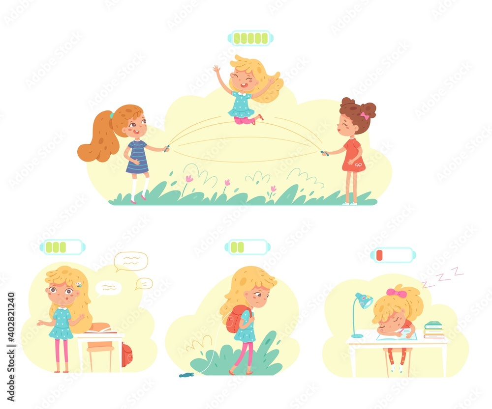 Routine of kid in school with battery indicator set. Daily energy level of little girl vector illustration. Active children playing, studying, going home exhausted, sleeping on homework Routine of kid in school with battery indicator set. Daily energy level of little girl vector illustration. Active children playing, studying, going home exhausted, sleeping on homework