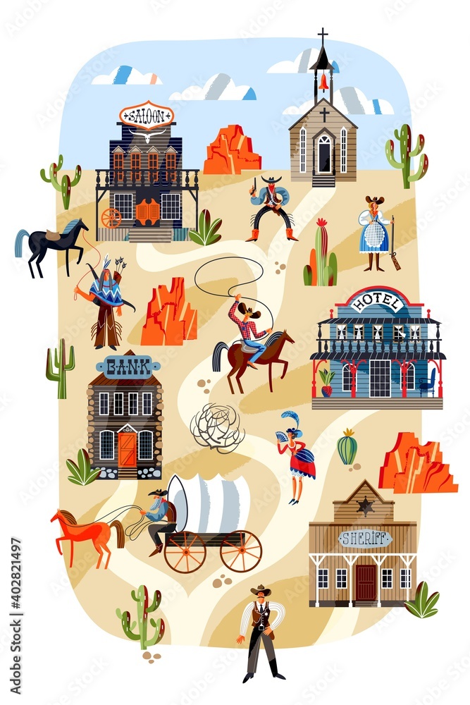 Naklejka premium Wild west characters in desert with cactus and rocks. Western american people in wilderness vector illustration. Horseman with lasso, man with wagon, sheriff, indian man, woman with rifle