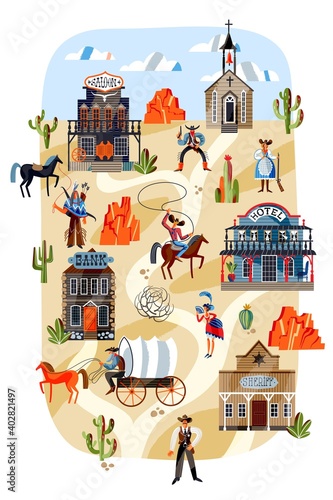 Wild west characters in desert with cactus and rocks. Western american people in wilderness vector illustration. Horseman with lasso, man with wagon, sheriff, indian man, woman with rifle