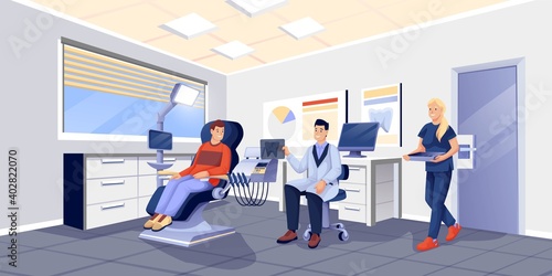 Patient, doctor and nurse in dentist office. Dental healthcare vector illustration. Man sitting in chair, doctor holding xray of tooth, nurse with instruments. Dentistry equipment