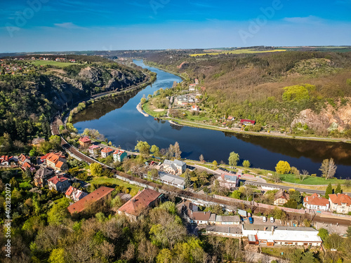 Photography Aerial view of village Sedlec Suchdol, part of Prague 6 with Vltava river in dir