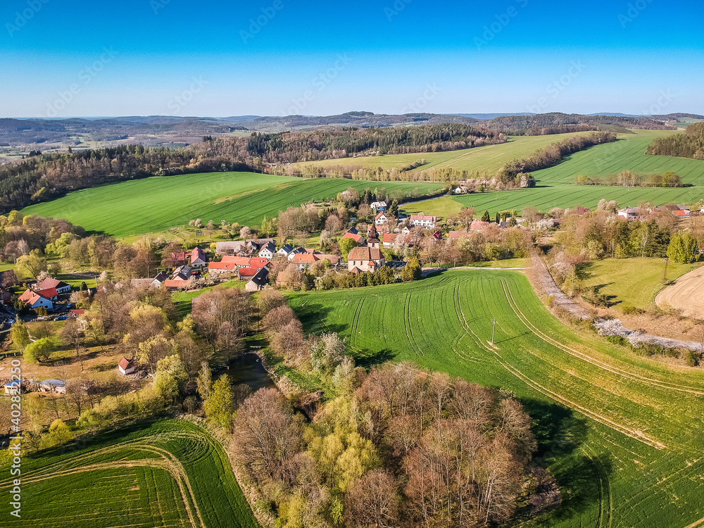 Aerial view of landscape between villages Teletin and Vysoky Ujezd in Central Bohemian Region