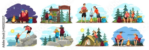 Couple camping illustration set. Man and woman traveling in mountains and forest with backpacks. Tourist outdoor scenes vector. Climbing, cooking on fire, sitting, sleeping in tent
