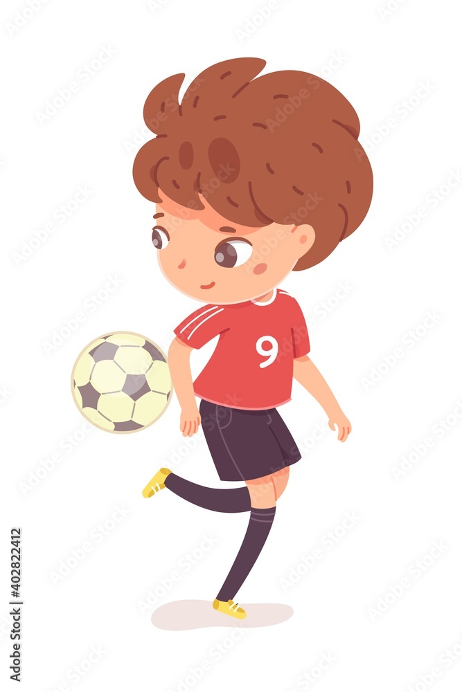 Boy kicking ball by leg at football practice. Happy little kid playing sport in uniform vector illustration. Smiling child kicking ball near floor by foot on white background Boy kicking ball by leg at football practice. Happy little kid playing sport in uniform vector illustration. Smiling child kicking ball near floor by foot on white background
