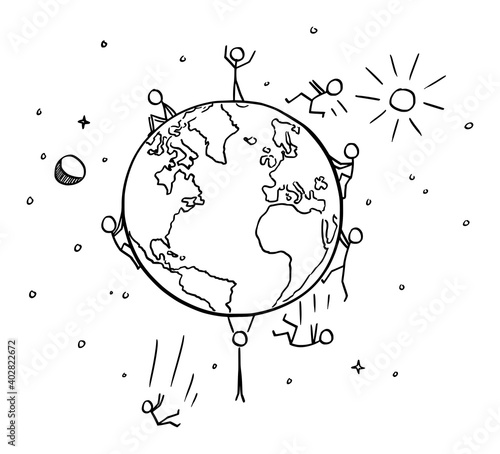 Vector cartoon stick figure illustration of People Falling from spherical planet Earth. Flat Earth conspiracy or theory.