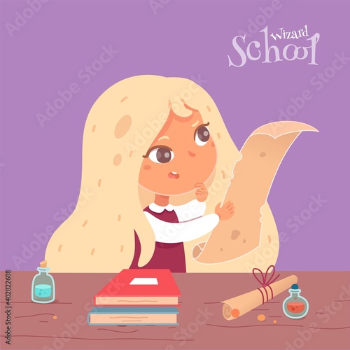 Kid in school of magic at class reading parchment. Girl with paper, books, potions in classroom vector illustration. Harry Potter style fantasy world. Room interior design