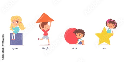 Cute kids holding geometric shapes set. Primary school education worksheet vector illustration. Little boys and girls with square, triangle, star and circle on white background