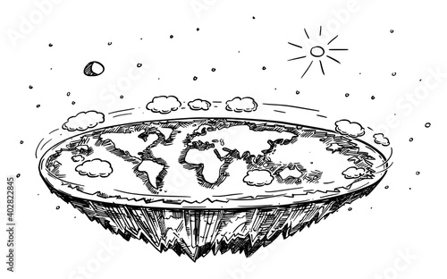 Vector Cartoon Illustration or black and white drawing of Flat Earth in Space, Concept or Flat Earth Conspiracy or Theory, Science and Education.