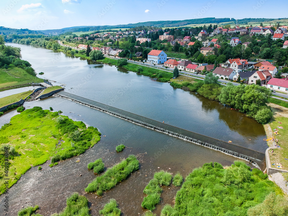 Weir on river Berounka in Hyskov, Czech republic in Central bohemian region