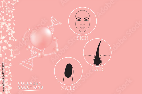 Hyaluronic acid skin hair nails solutions ad, pink collagen serum drop with cosmetic advertising background ready to use, illustration vector.