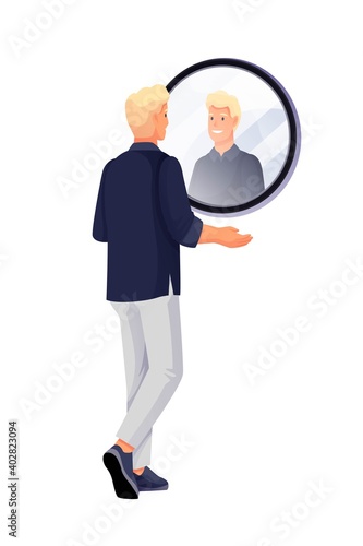 Man looking in mirror. Person in restroom or washroom vector illustration. Young happy guy smiling at reflection of face in glass mirror in frame isolated on white background