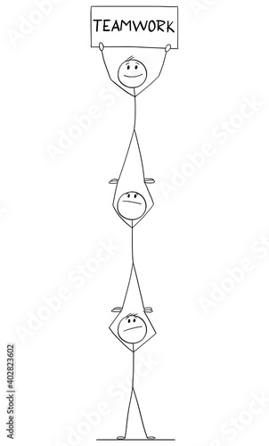 Vector cartoon stick figure illustration of group of businessmen or men cooperating as team to obtain success. Concept of teamwork.