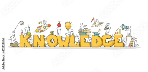 Sketch of little people with word Knowledge. Doodle cute miniature scene about education. Hand drawn cartoon vector illustration.