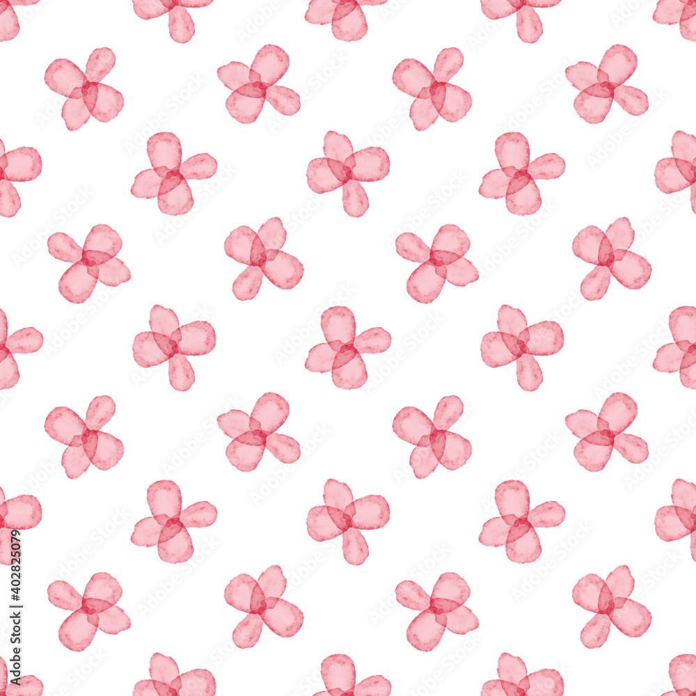 Seamless hand drawn watercolor floral pattern with red pink daisies flowers on white background. Print for fabric wallpaper wrapping gift paper girls clothing