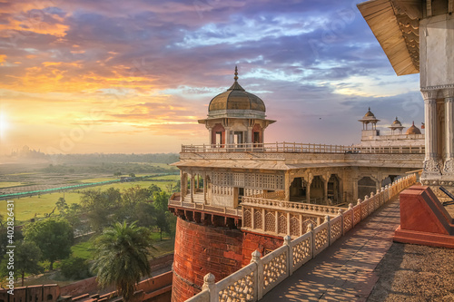 Agra Fort - Medieval Indian fort made of red sandstone and marble at sunrise Agra Fort is a UNESCO World Heritage site