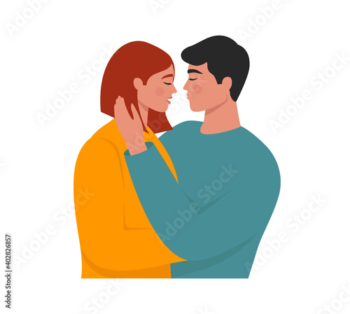 Young couple in love. Man hugging and kissing a beautiful woman. Romantic relationship concept. Isolated flat vector illustration with male and female characters for Valentine’s day