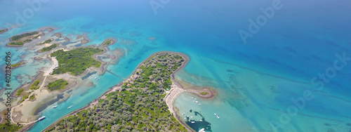 Photography Aerial drone ultra wide panoramic photo of exotic paradise island complex formin