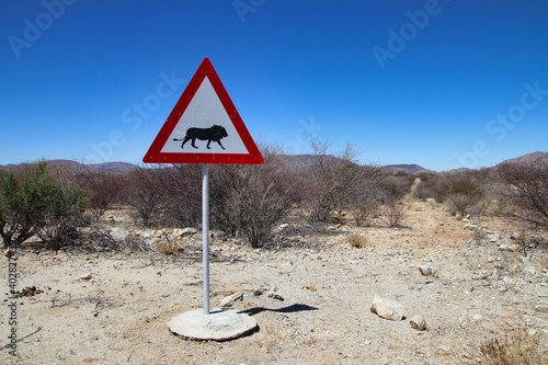 Road sign with a lion - Namibia Africa