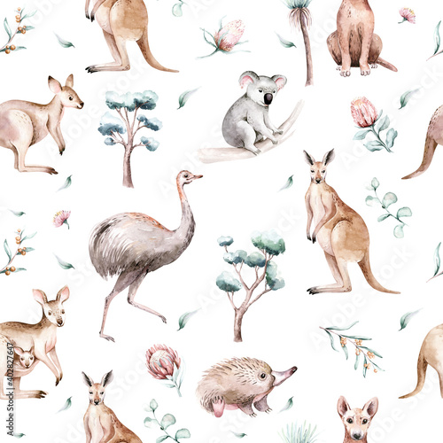 Photography Watercolor australian cartoon kangaroo emu, koala and flying fox seamless pattern