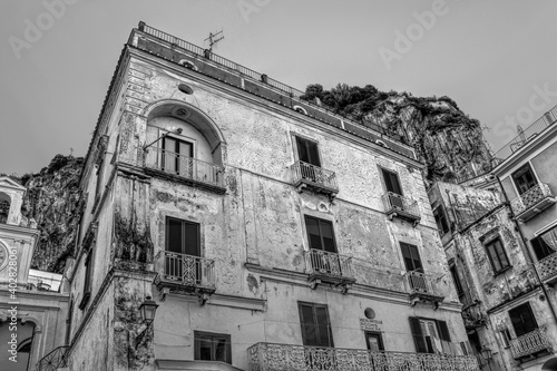 Old building facade at atrani city in black and white - Italy cityscape 