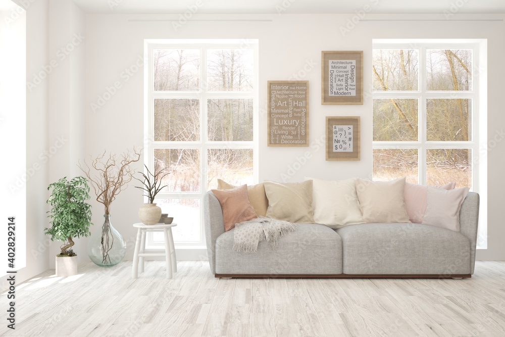 White living room with sofa and winter landscape in window. Scandinavian interior design. 3D illustration White living room with sofa and winter landscape in window. Scandinavian interior design. 3D illustration