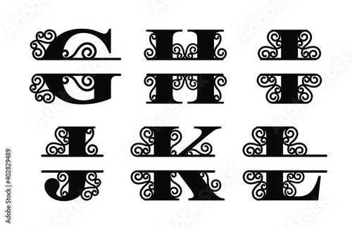 Alphabet Split Monogram, Split Letter Monogram, Alphabet Frame Font. Laser cut template. Initial monogram letters.