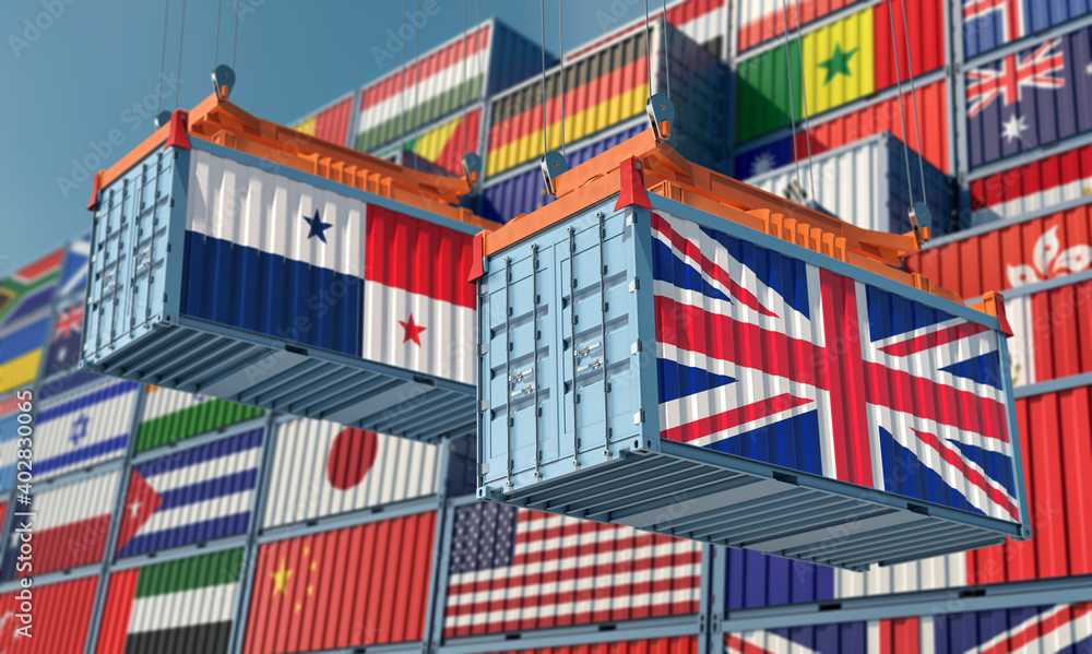 Freight containers with United Kingdom and Panama national flags. 3D Rendering 