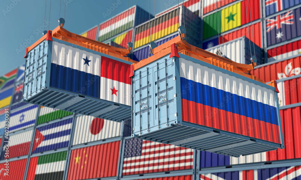 Freight containers with Russia and Panama national flags. 3D Rendering 