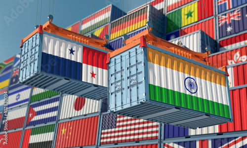 Freight containers with India and Panama national flags. 3D Rendering 