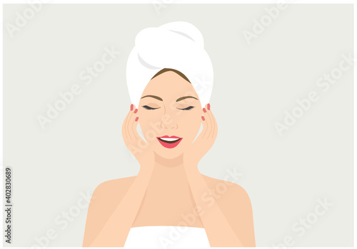 Facial massage concept, woman touching face vector illustration. Beauty face treatment and spa massage concept 