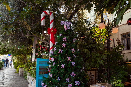 Decorated  for the celebration of Christmas Sderot Ben Gurion Street in the Haifa city in northern Israel photo