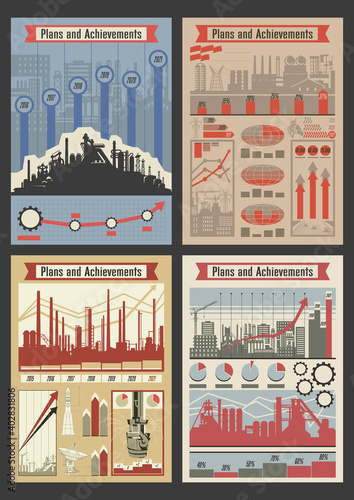Old Soviet Working Propaganda Posters, Infographic Set, Industrial Backgrounds, Factory and Construction Site, Planes and Achievements
