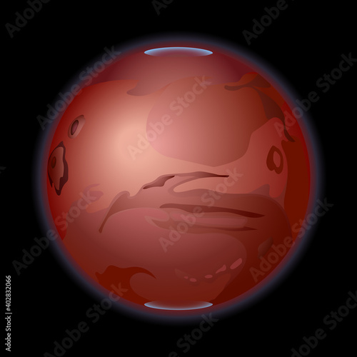 red planet of the Solar system Mars with polar caps, meteor craters and blue atmosphere aureole at night, color vector illustration on a black background in the clip art design