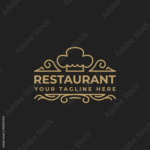 Fancy vintage logo vector design for restaurant with chef hat and ornament