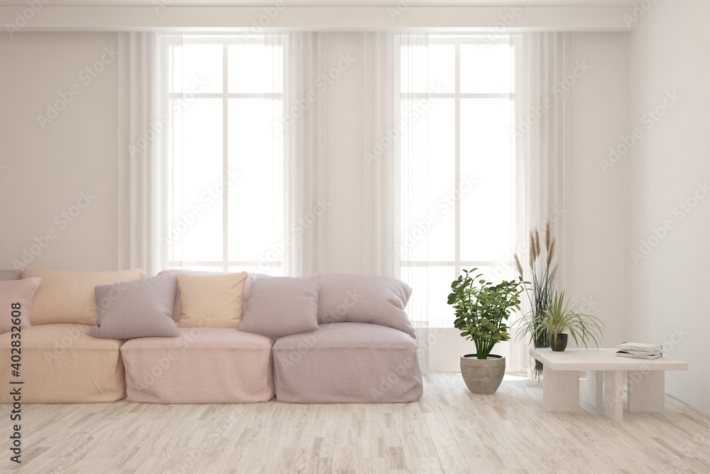 Fototapeta premium White living room with sofa. Scandinavian interior design. 3D illustration