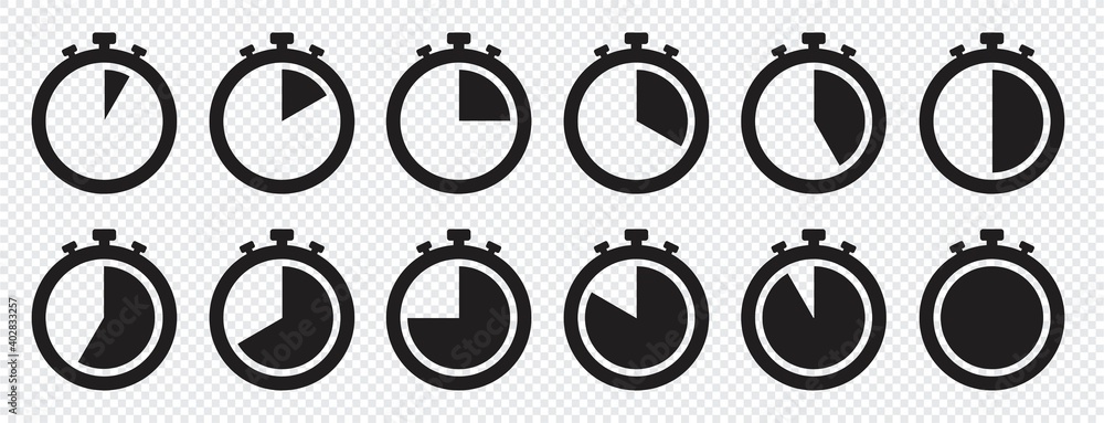 Timers icon set on transparent background. Stopwatch symbol. countdown clock counter timer vector illustration