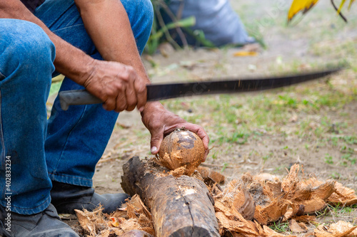 man chopping coconuts