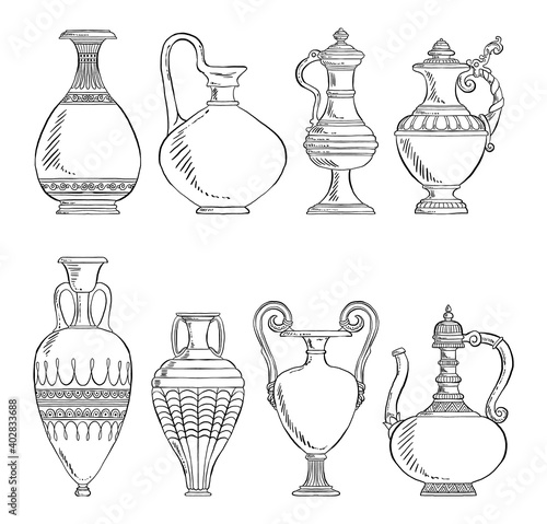 Set of hand drawn vintage vases vector illustrations