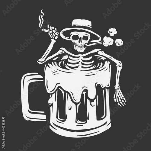a skull with a hat holding a cigarette soaking in a beer glass. vector illustration