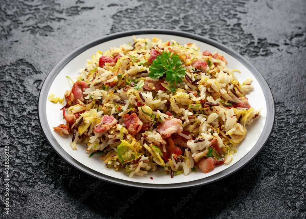 Fried Brussels sprouts with rice and crispy bacon Fried Brussels sprouts with rice and crispy bacon