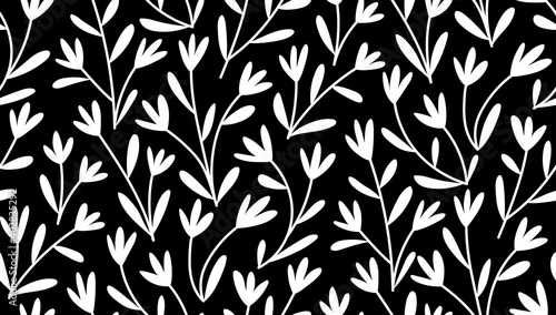 Seamless floral pattern  monochrome ditsy print  white small flowers on black background